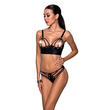 Комплект з екошкіри з люверсами та ремінцями Passion MALWIA BIKINI L/XL, black, бра та трусики SO5762 фото