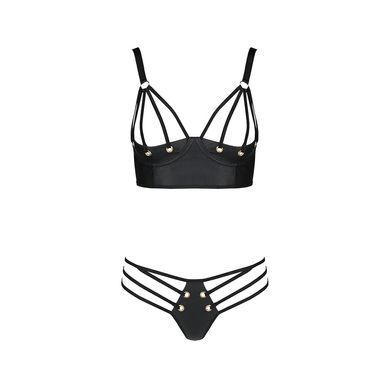 Комплект з екошкіри з люверсами та ремінцями Passion MALWIA BIKINI S/M, black, бра та трусики SO5763 фото