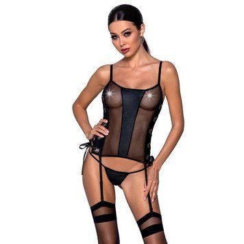 Сітчастий корсет з люверсами та знімними пажами Passion MALWIA CORSET S/M, black, екошкіра, стрінги SO5766 фото