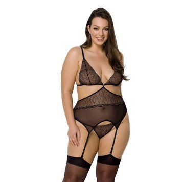 Корсет із пажами Passion AMBERLY CORSET 6XL/7XL, black, асиметричний крій, мережива, стрінги SO7052 фото