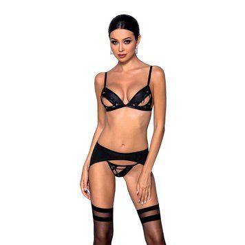 Комплект з екошкіри Passion MILEY SET XXL/XXXL, black, трусики, бюстгальтер, пояс для панчіх SO5773 фото